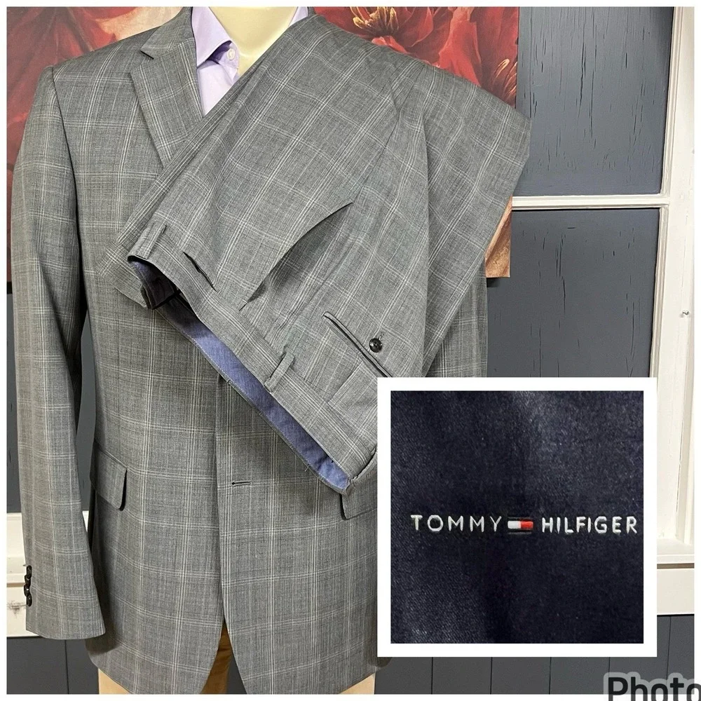 Tommy Hilfiger Suit Mens 42L Long Wool Blend Stretch Pants 36x31 Gray Plaid